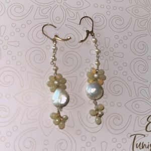 Fresh water pearls white gold filed lever back earrings long handmade flowers